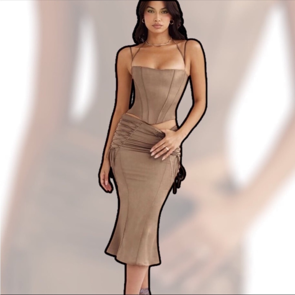 House of CB Dress, Latte Satin Corset & Trumpet Midi Skirt